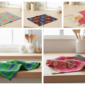K&ouml;nnte beinhalten: Auswahl an farbenfrohen Stoffquadraten mit verschiedenen Mustern. Designs umfassen Blumen-, Insekten- und geometrische Muster in verschiedenen Farben wie Blau, Rosa, Gr&uuml;n und Schwarz. Die Quadrate werden auf einer hellen Holzoberfl&auml;che pr&auml;sentiert.