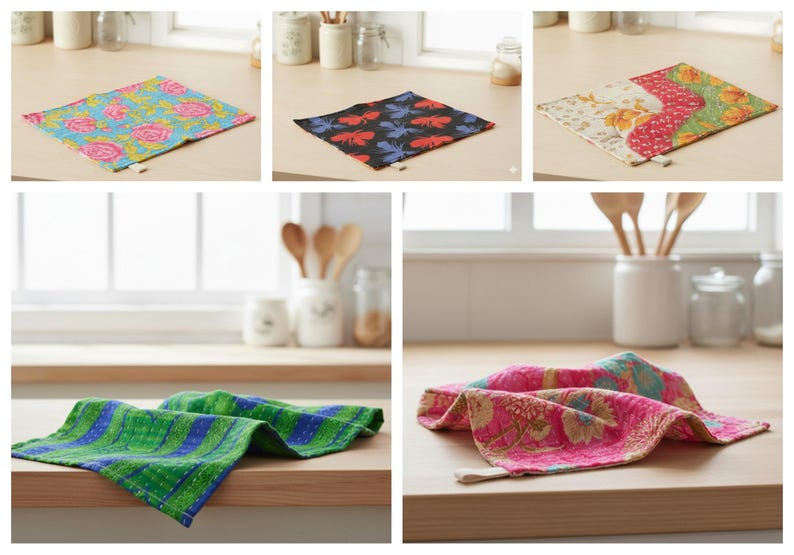 K&ouml;nnte beinhalten: Auswahl an farbenfrohen Stoffquadraten mit verschiedenen Mustern. Designs umfassen Blumen-, Insekten- und geometrische Muster in verschiedenen Farben wie Blau, Rosa, Gr&uuml;n und Schwarz. Die Quadrate werden auf einer hellen Holzoberfl&auml;che pr&auml;sentiert.