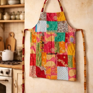 Boho Kantha lapptäckeförkläde | Handgjort quiltat matlagningsförkläde | Färgglad kökspresent till bagare och kockar | Cottagecore lapptäcke köksinredning