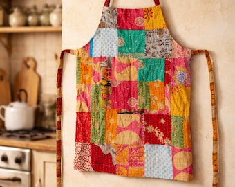 Boho Kantha Patchwork Apron | Handmade Quilted Cooking Apron | Colorful Kitchen Gift for Bakers & Chefs| Cottagecore Patchwork Kitchen Decor