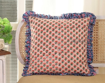 Handgefertigter Kissenbezug mit Block Print - Boho Rüschenkissen