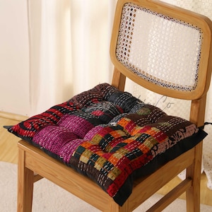 Handmade Kantha Patchwork Chair Pad: Boho Black Cotton Seat Cushion