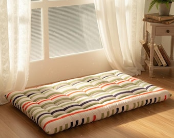 Handmade Stripe Tufted Bench Cushion, French Linen Window Seat Pad