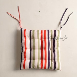 Handmade Striped Cotton Chair Cushion with Ties - Farmhouse Style