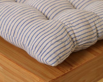 Handmade Tufted Seat Cushion | Blue Stripe Chair Pad | Thick Chair Cushion for Kitchen, Office, Dining | Rustic Farmhouse Decor