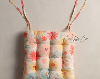 Cojín de silla de algodón floral hecho a mano – Cojín de asiento bohemio con mechones