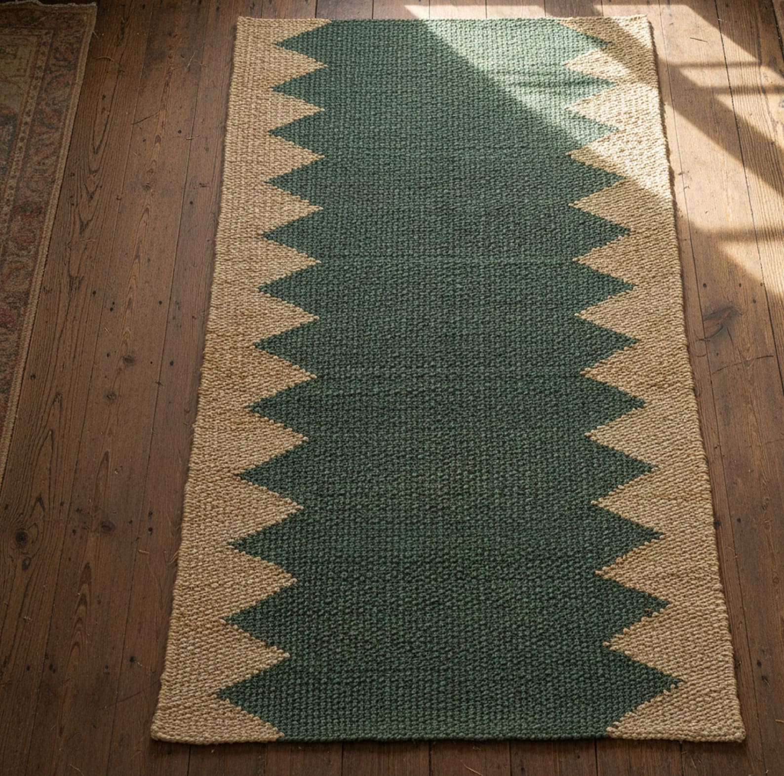 Earthy Green Rug Runner Natural Jute Hemp Rug Runner – Green & Beige Zigzag Handwoven Carpet ...