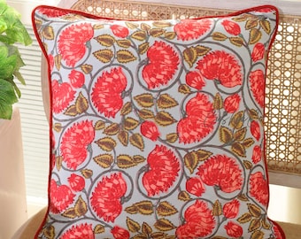 Funda de almohada con estampado floral mogol, hecha a mano, en rojo y gris