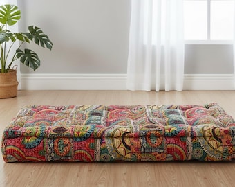 Handmade Kantha Quilt Floor Cushion, Tufted Cotton Seat Pad
