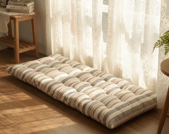 Handmade Striped Tufted Bench Cushion, French Style Linen Window Seat