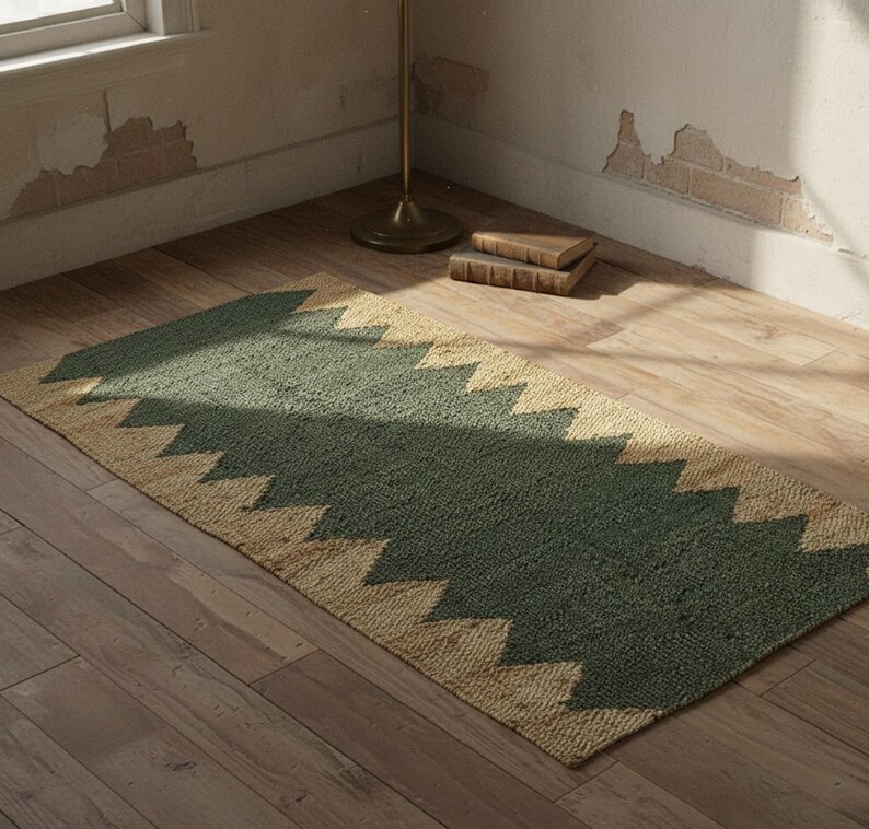 Earthy Green Rug Runner Natural Jute Hemp Rug Runner – Green & Beige Zigzag Handwoven Carpet ...