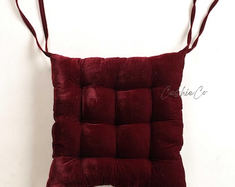 Burgundy Velvet Tufted Chair Pad, Soft Seat Cushion with Ties