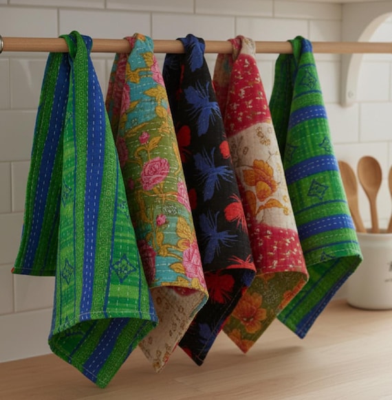 Handmade Kantha Kitchen Towel Set: Upcycled Cotton Dishcloths