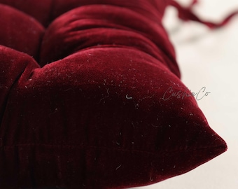 Luxury Wine Red Velvet Tufted Chair Pad, Soft Seat Cushion with Ties