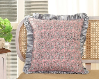 Handmade Block Print Cotton Pillow Cover – Floral Boho Cushion with Ruffle