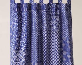 Vintage Kantha Quilted Cotton Curtain: Indigo Boho Patchwork