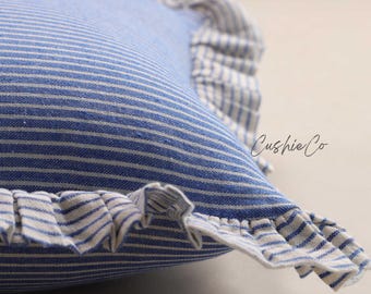 Handmade Striped Linen Pillow Cover | Bohemian Ruffled Cushion