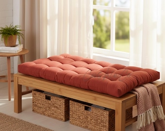 Tufted Linen Bench Cushion, Rust Orange, Farmhouse Seat Pad