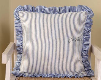 Handmade Stripe Linen Ruffled Pillow Sham, Bohemian Frill Pillow Cover