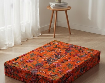 Handmade Kantha Quilt Bench Cushion, Tufted Linen Window Seat Pillow