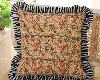 Floral Block Print Pillow Cover with Ruffle Edge, Decorative Throw Pillow Cushion