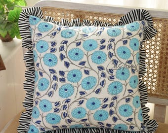 Handmade Ruffled Floral Pillow Cover, Cotton Block Print Cushion