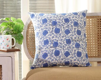 Handblockdruck Floral Kissenbezug: Blau Weißes Baumwollkissen, 18x18