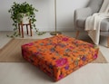 Handmade Kantha Patchwork Bird Print Floor Cushion –Boho Tufted Seat Pad, Window Bench Pillow, Handmade Recycled Cotton Pouf,French Country