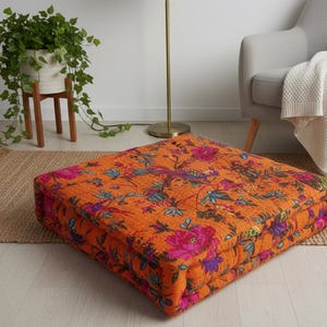 Handmade Kantha Patchwork Bird Print Floor Cushion –Boho Tufted Seat Pad, Window Bench Pillow, Handmade Recycled Cotton Pouf,French Country