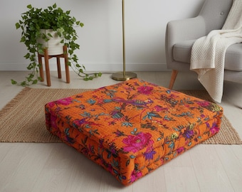 Cojín de suelo artesanal con estampado de pájaros y patchwork Kantha – Cojín de asiento capitoné estilo boho, cojín para banco de ventana, puf artesanal de algodón reciclado, estilo rústico francés