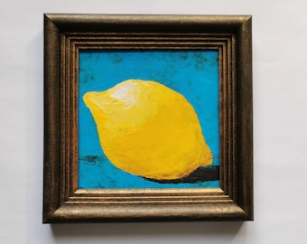 Handmade Oil Painting Lemon Still Life Artwork, Framed Kitchen Decor, Bronze Frame