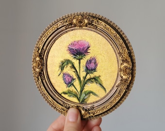 Hand-Painted Thistle Wall Art: Bronze Resin Frame, Botanical Decor