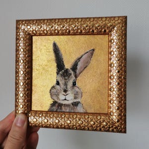 Pintura acrílica original de conejo enmarcada, arte de pared de animales, mini obra de arte de 5 x 5 pulgadas, lindo conejito, regalo, decoración
