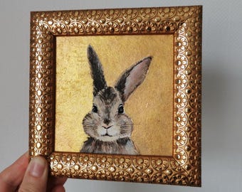 Framed Bunny Painting: Original Acrylic Rabbit Art, 5x5 Mini Wall Decor