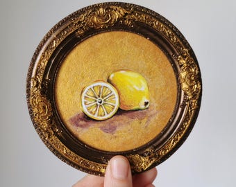 Handmade Lemon Acrylic Painting, Bronze Frame Miniature Artwork