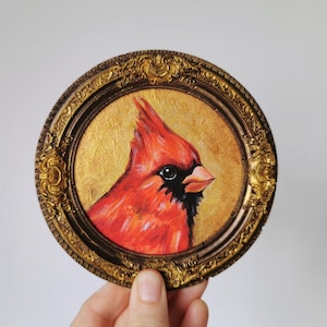 Handmade Cardinal Bird Acrylic Painting, Miniature Bronze Frame Art