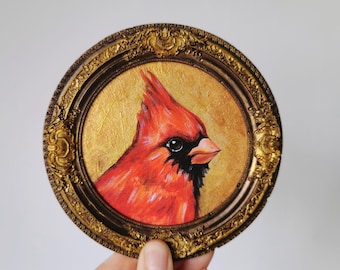 Handmade Cardinal Bird Acrylic Painting, Miniature Bronze Frame Art