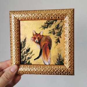 Pintura de zorro, arte de pared acrílico original enmarcado, obra de arte animal, pequeño bosque, decoración del hogar, regalo