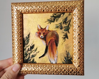 Fox painting wall art acrylic original framed animal artwork small woodland home decor gift