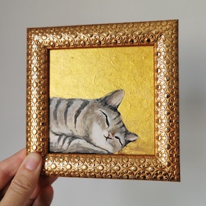 Gato dormindo pintura acrílica fundo dourado emoldurado arte de gato pequeno arte de parede de gato presente original de gato