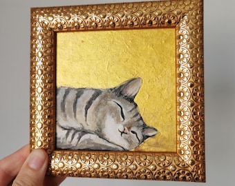 Framed Sleeping Cat Painting: Gold Background, Original Acrylic Art