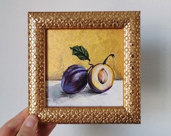 Hand Painted Plum Still Life: Small Kitchen Decor with Golden Frame