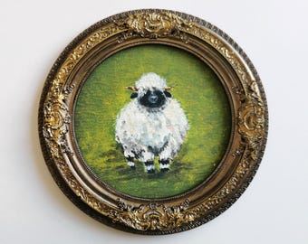 Hand Painted Sheep Miniature Art, Round Resin Frame, Vintage Bronze Farmhouse Decor