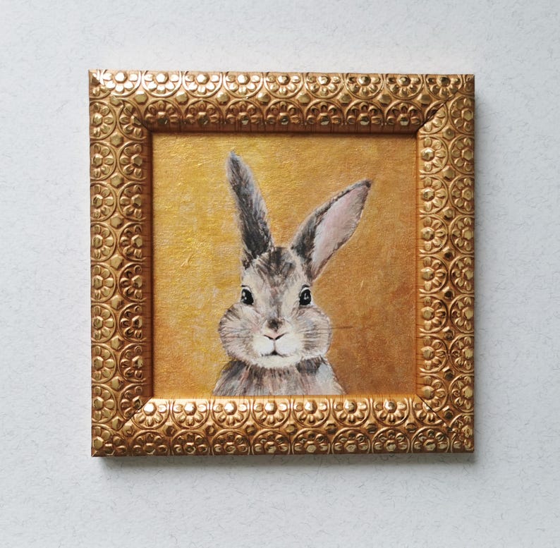 Miniature rabbit portrait wall art with detailed brushwork.