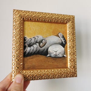 Upside down sleeping cat acrylic painting gold background framed cat art funny cat wall decor gift
