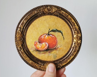 Handmade Miniature Orange Painting, Bronze Resin Frame