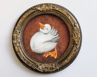 Hand Painted Duck Art, Ornate Vintage Round Frame, Farmhouse Animal Decor