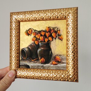 Pintura acrílica original enmarcada de naturaleza muerta con flores naranjas, mini arte de pared de 5 x 5 pulgadas, regalo de decoración del hogar