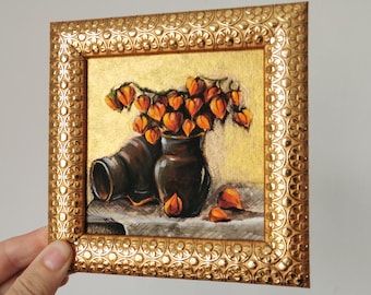 Framed Floral Still Life Painting: Miniature Orange Flowers, Rustic Home Decor