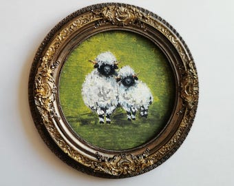 Hand Painted Sheep Miniature Art, Acrylic Painting, Round Resin Frame, Vintage Bronze Farmhouse Decor
